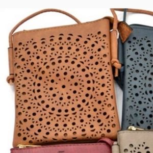 Kara and Kate perforated Mandala accent crossbody bag light brown